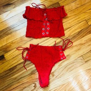 Red corset off the shoulder, high waisted bikini